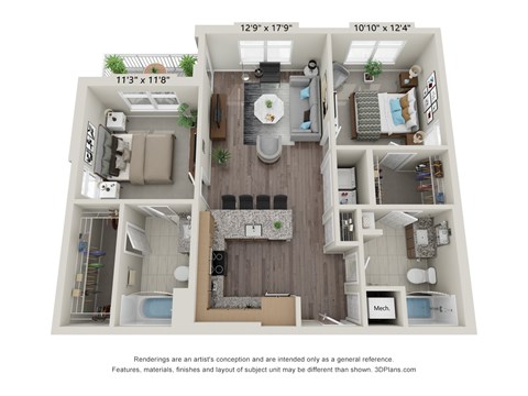A 3D floor plan of a small apartment with a kitchen, living room, and bathroom.